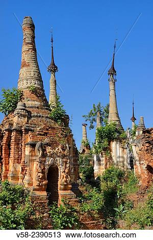 Myanmar, Shan State, Inle Lake, Indein (Inthein) village, Ruined stupas. View Large Photo Image Stock Image - Myanmar, Shan State, Inle Lake, Indein (Inthein) village, Ruined stupas.. Fotosearch