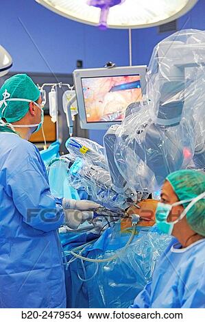 Picture - Operating room, Prostate cancer robotic surgery, Da Vinci surgical robot, Urology, Hospital Donostia, San Sebastian, Gipuzkoa, Basque Country, Spain. Fotosearch