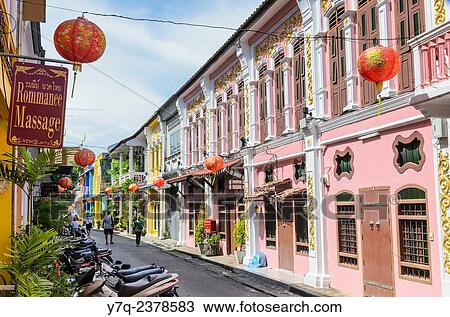 Stock Image - Renovated heritage architecture of Soi Rommanee in Phuket Old Town, Phuket Island, Thailand.. Fotosearch