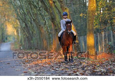 Picture - rider in the Castle´s park of Rambouillet, Yvelines department, Ile-de-France region, France, Europe.. Fotosearch
