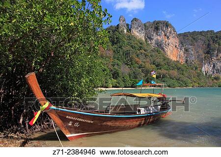 Thailand, Krabi, Railay, boat, landscape. View Large Photo Image Stock Photograph - Thailand, Krabi, Railay, boat, landscape.. Fotosearch