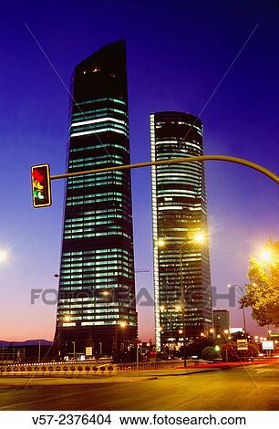Three colors traffic light and Four Towers, night view. Paseo de la Castellana, Madrid, Spain. View Large Photo Image Picture - Three colors traffic light and Four Towers, night view. Paseo de la Castellana, Madrid, Spain.. Fotosearch