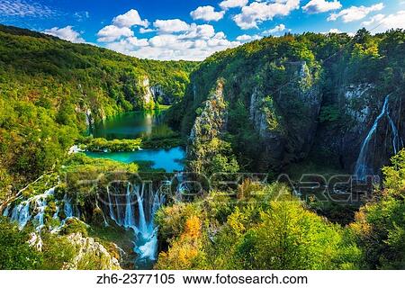 Stock Photography - Travertine cascades on the Korana River, Plitvice Lakes National Park, Croatia.. Fotosearch