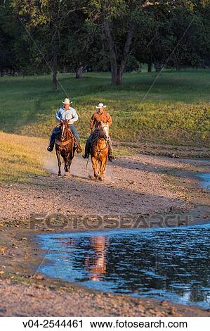 Two wranglers cowboys on horses, riding near a pond, California, USA View Large Photo Image Stock Image - Two wranglers cowboys on horses, riding near a pond, California, USA. Fotosearch