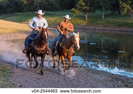 Stock Image - Two wranglers (cowboys) on horses, riding near a pond, California, USA. Fotosearch