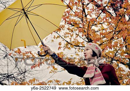 Woman holding yellow umbrella, autumn View Large Photo Image Stock Photo - Woman holding yellow umbrella, autumn. Fotosearch