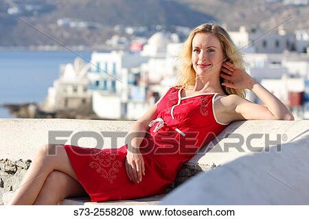 Stock Photo - 30 year old woman, Mykonos, Cyclades islands, Greece. Fotosearch
