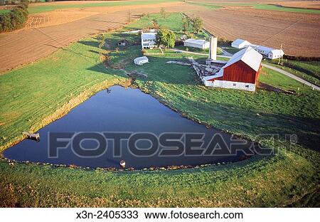 Stock Image - Aerial of farm and pond. Middletown Maryland.. Fotosearch
