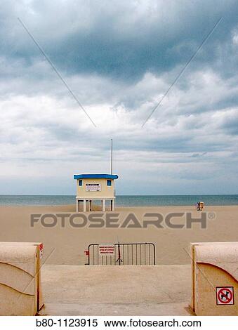 Stock Photography - Beach, beginning of the season, house of lifeguard, Narbonne Plage, Golfe du Lion, the Mediterranean Sea, France. Fotosearch