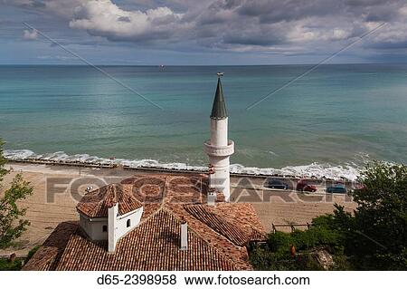 Stock Photo - Bulgaria, Black Sea Coast, Balchik, Minaret of the Summer Palace of Romanian Queen Marie, elevated view.. Fotosearch