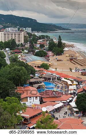 Bulgaria, Black Sea Coast, Golden Sands, Zlatni Pyasatsi, resort outdoor market, elevated view. View Large Photo Image Stock Photography - Bulgaria, Black Sea Coast, Golden Sands, Zlatni Pyasatsi, resort outdoor market, elevated view.. Fotosearch