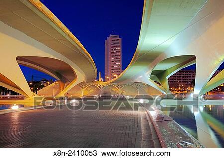 Stock Image - City of Arts and Sciences (Ciudad de las Artes y las Ciencias) at night, Valencia, Valencian Community, Spain.. Fotosearch