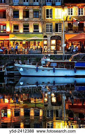 Stock Photo - crowded restaurants at dinner time, Vieux bassin, Honfleur, Normandy, France.. Fotosearch