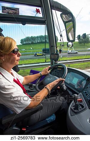 Female busdriver behind steering wheel View Large Photo Image Stock Image - Female busdriver behind steering wheel. Fotosearch