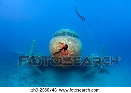 Stock Image - Freediver and wreckplan Douglas DC-3 Dakota, Mediterranean Sea, Kash, Turkey.. Fotosearch