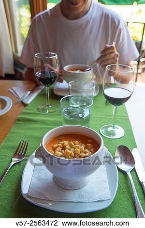 Gazpacho serving in a restaurant. Spain. View Large Photo Image Stock Image - Gazpacho serving in a restaurant. Spain.. Fotosearch