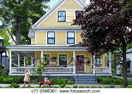 Girl, child, wagon, dog, house View Large Photo Image Stock Image - Girl, child, wagon, dog, house. Fotosearch