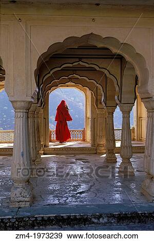 Stock Photo - INDIA, JAIPUR, AMBER FORT, ARCHES, WOMAN.. Fotosearch