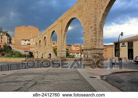 Stock Image - Los Arcos aqueduct (16th century), Teruel, Aragon, Spain.. Fotosearch