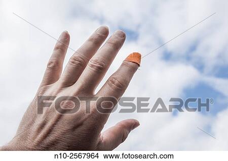 Man´s hand with a bandage on his finger. View Large Photo Image Picture - Man´s hand with a bandage on his finger.. Fotosearch
