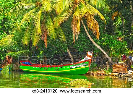 moored fishing boat in backwaters between Kollam and Cochin, Kerala, India. View Large Photo Image Stock Image - moored fishing boat in backwaters between Kollam and Cochin, Kerala, India.. Fotosearch