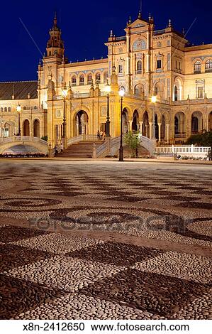 Stock Image - Plaza de Espana at night, Seville, Andalusia, Spain.. Fotosearch