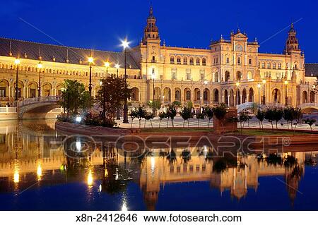 Stock Photograph - Plaza de Espana at night, Seville, Andalusia, Spain.. Fotosearch
