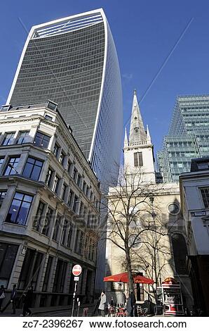 Saint Margaret Pattens church and street cafe in Rood Lane with The Walkie Talkie Building in background City of London London England. View Large Photo Image Stock Photo - Saint Margaret Pattens church and street cafe in Rood Lane with The Walkie Talkie Building in background City of London London England.. Fotosearch