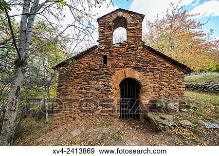 Stock Photo - Sant Lliser de VirÃ³s hermitage. Viros forest area. Vall Ferera. Lerida, Pallars Sobira, Alt Pirineu, Pyrenes Catalonia, Spain.. Fotosearch