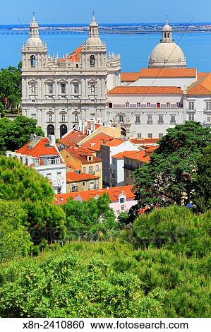 Stock Image - Sao Vicente de Fora church, from Castle of Sao Jorge (Castelo de Sao Jorge), Lisbon, Portugal.. Fotosearch