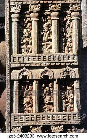 Stock Image - Stupa-1 East Torana, North pillar facing East, Tushita Heaven. Sanchi, Dist Raisen, Madhya Pradesh India.. Fotosearch