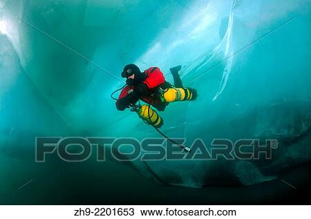 Stock Image - Technical diving under ice, in lake Baikal, Siberia, Russia, island Olkhon.. Fotosearch
