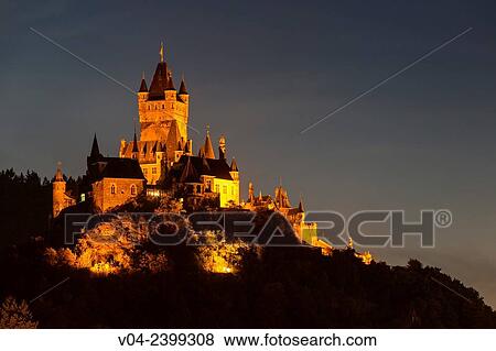 The beautiful Reichsburg Cochem (Cochem Imperial Castle) at night, Cochem, Rhineland-Palatinate, Germany, Europe View Large Photo Image Stock Photo - The beautiful Reichsburg Cochem (Cochem Imperial Castle) at night, Cochem, Rhineland-Palatinate, Germany, Europe. Fotosearch