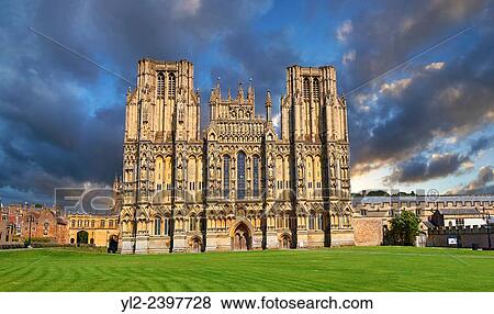 Stock Photo - The facade of the the medieval Wells Cathedral built in the Early English Gothic style in 1175, Wells Somerset, England.. Fotosearch
