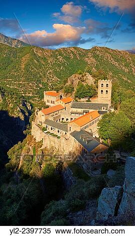 Stock Photography - The First or Lombard Romanesque style Abbey of Saint Martin-du-Canigou in the Pyrenees, Orientales department, France.. Fotosearch