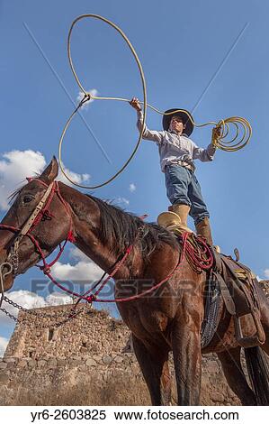 A Mexican charro or cowboy practices roping skills on his horse before a Charreada competition at a hacienda ranch in Alcocer, Mexico. View Large Photo Image Stock Photography - A Mexican charro or cowboy practices roping skills on his horse before a Charreada competition at a hacienda ranch in Alcocer, Mexico.. Fotosearch