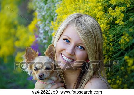 A young woman outdoors with her chihuahua. View Large Photo Image Stock Photo - A young woman outdoors with her chihuahua.. Fotosearch