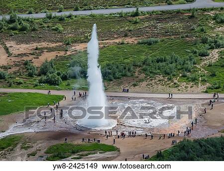 Aerial view of Strokkur Geyser about to erupt, Iceland. View Large Photo Image Stock Photo - Aerial view of Strokkur Geyser about to erupt, Iceland.. Fotosearch