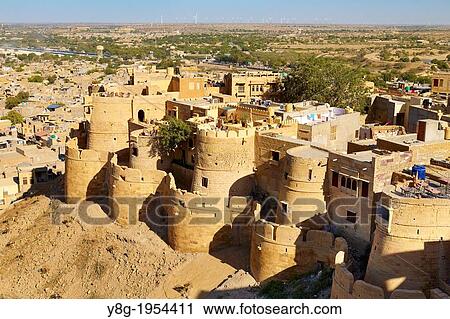 Stock Image - Aertial view from Jaisalmer Fort to the forticication below, Jaisalmer, Rajasthan, India.. Fotosearch