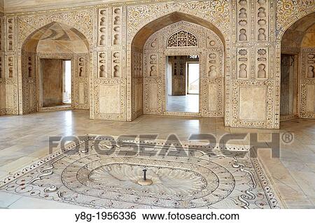 Agra, Red Fort - interior of the Khas Mahal central pavilion with indoor fountain and stone reliefs, Agra, India. View Large Photo Image Stock Photograph - Agra, Red Fort - interior of the Khas Mahal central pavilion with indoor fountain and stone reliefs, Agra, India.. Fotosearch