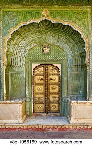 Art decorative entrance with door, Chandra Mahal, Jaipur City Palace, Jaipur, Rajasthan, India. View Large Photo Image Stock Photo - Art decorative entrance with door, Chandra Mahal, Jaipur City Palace, Jaipur, Rajasthan, India.. Fotosearch