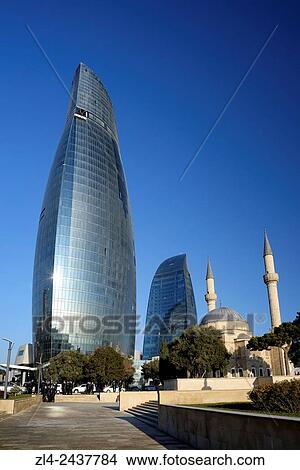 Picture - Azerbaijan, Baku, Martyrs? Lane (Alley of Martyrs), small mosque and the Flame Towers.. Fotosearch