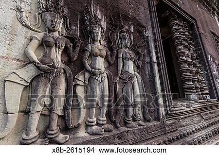 Picture - Bas-relief carvings of Apsara, Angkor Wat, Angkor, Siem Reap Province, Cambodia, Khmer.. Fotosearch