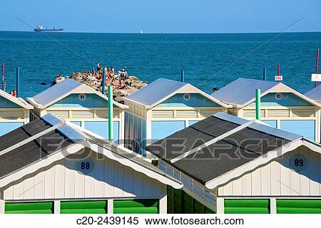 Stock Image Of Beach Huts And Sun Deck Lido Venice Venetia Italy Beach Huts And Sun Deck Lido Venice Venetia Italy