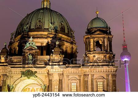 Berlin Cathedral and television tower at night, Berlin, Germany. View Large Photo Image Picture - Berlin Cathedral and television tower at night, Berlin, Germany.. Fotosearch