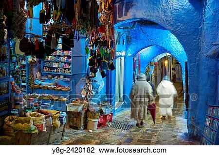 Stock Image - Blue painted walls in old medina of Chefchaouen, Morocco, Africa.. Fotosearch