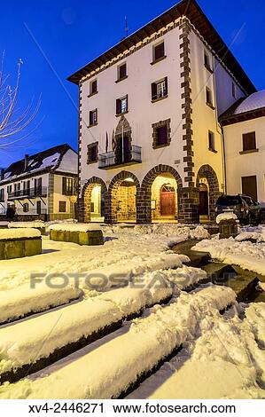 Burguete village by Night in Winter. Navarre, Spain. View Large Photo Image Stock Image - Burguete village by Night in Winter. Navarre, Spain.. Fotosearch