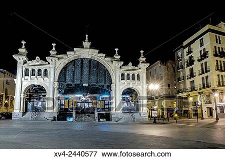 Central Market of Saragossa by Night, Aragon, Spain. View Large Photo Image Stock Photo - Central Market of Saragossa by Night, Aragon, Spain.. Fotosearch
