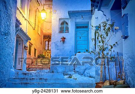 Stock Image - Chefchaouen (Chaouen). Is noted for its buildings in shades of blue. Morocco.. Fotosearch