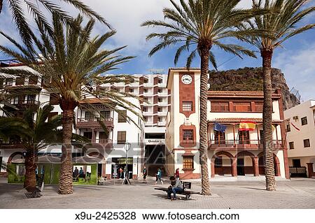 Stock Photo - City Hall or Ayuntamiento on Plaza de las Americas square, island capital San Sebastian de La Gomera, La Gomera, Canary Islands, Spain, Europe.. Fotosearch
